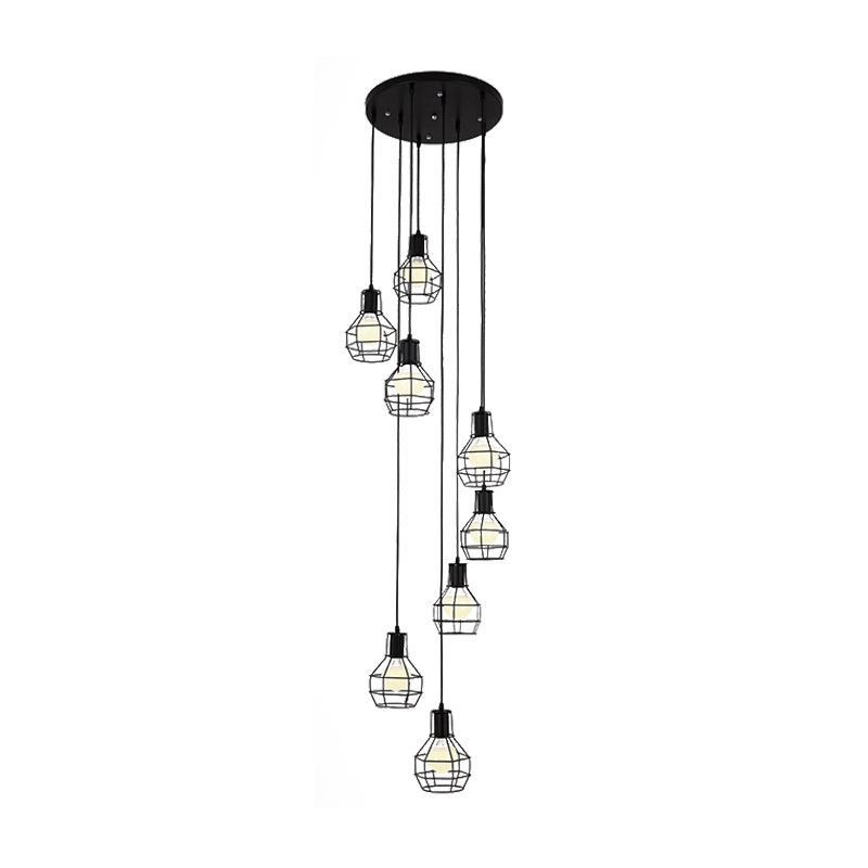 6 bulbos Globe Cage Hanging Lighting Industrial Black Metal Multi Light Pendse con diseño de espiral
