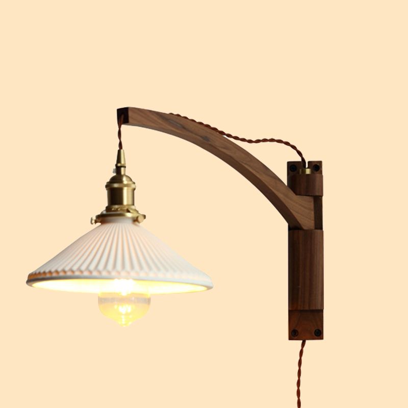 Brown 1-Light Wall Lamp in Modern Creative Style Wooden Cone Wall Light for Living Room