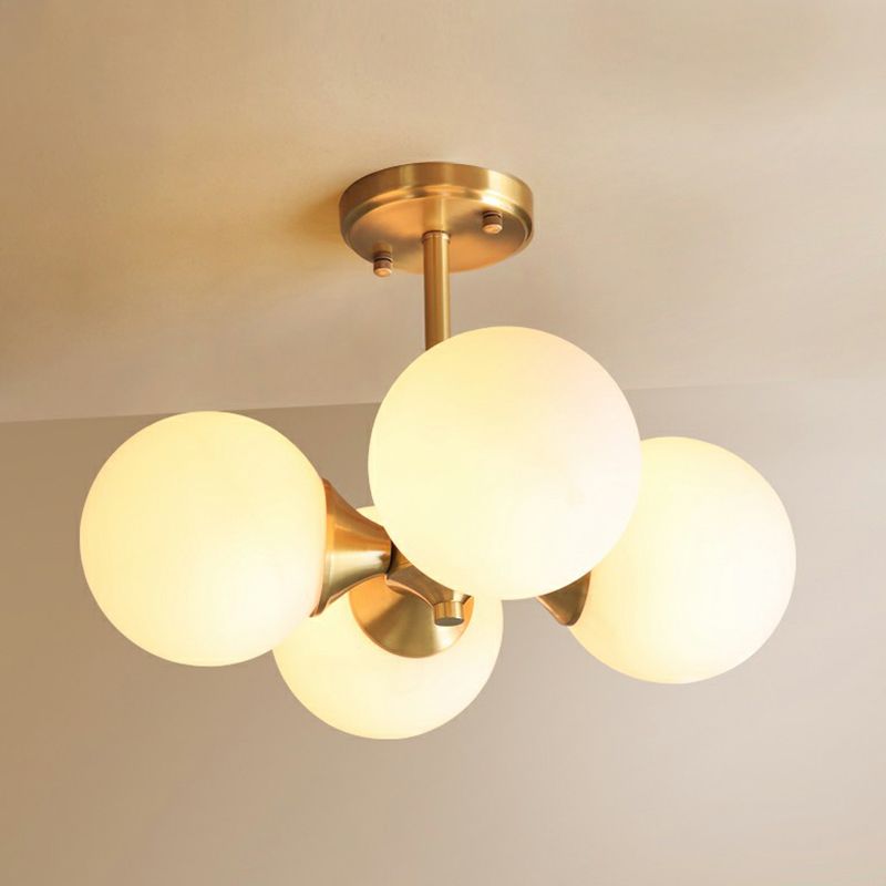 Brass Globe Flush Mount Lighting Postmodern 4 Heads Opal Glass Semi Flush Light for Bedroom