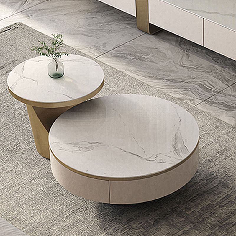 Modern Light Luxury Coffee Table Round Slate Coffee Table with Storage Drawer