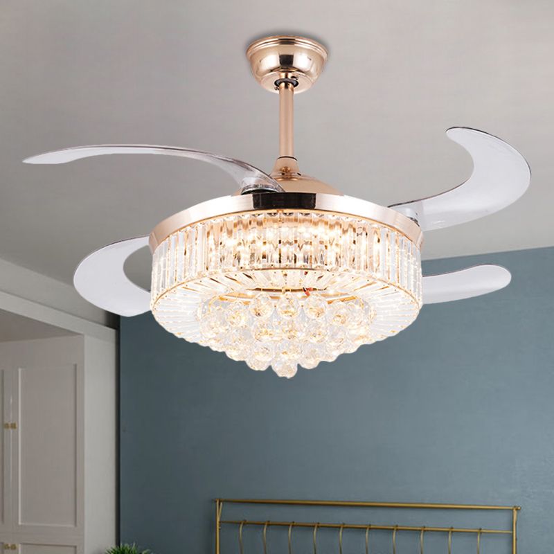 Drum Clear Crystal Semi Flush Mount Minimalistisch 19 "Breedte LED Gold Pendant ventilatorlicht met 4 messen