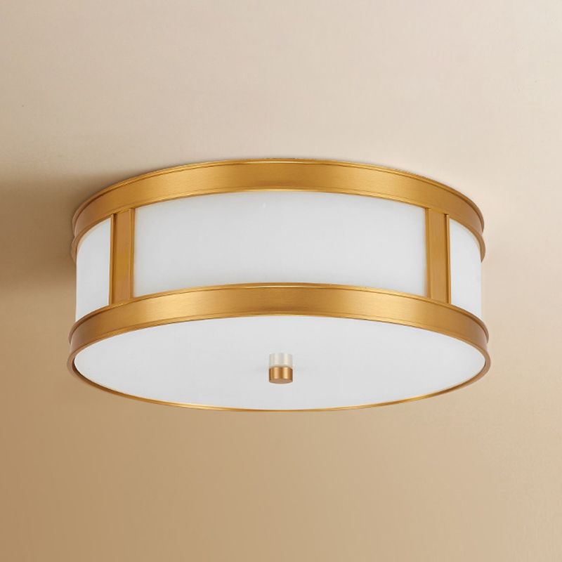 Lámpara de techo de latón en forma de tambor, vidrio esmerilado, lámpara dorada estadounidense