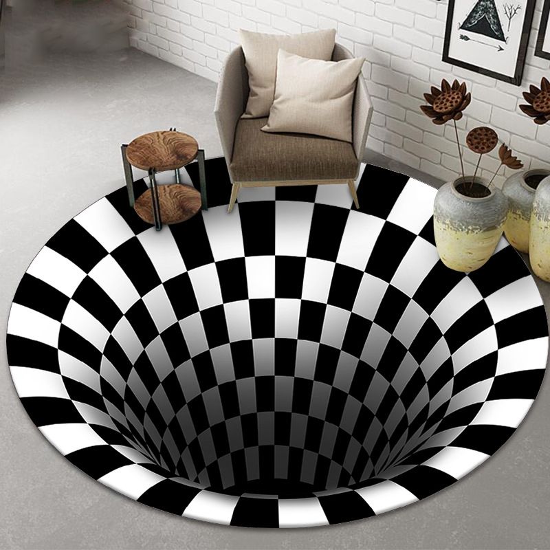 Round Bold 3D Print Rug White Tone Polyester Area Carpet Non-Slip Backing Rug for Living Room