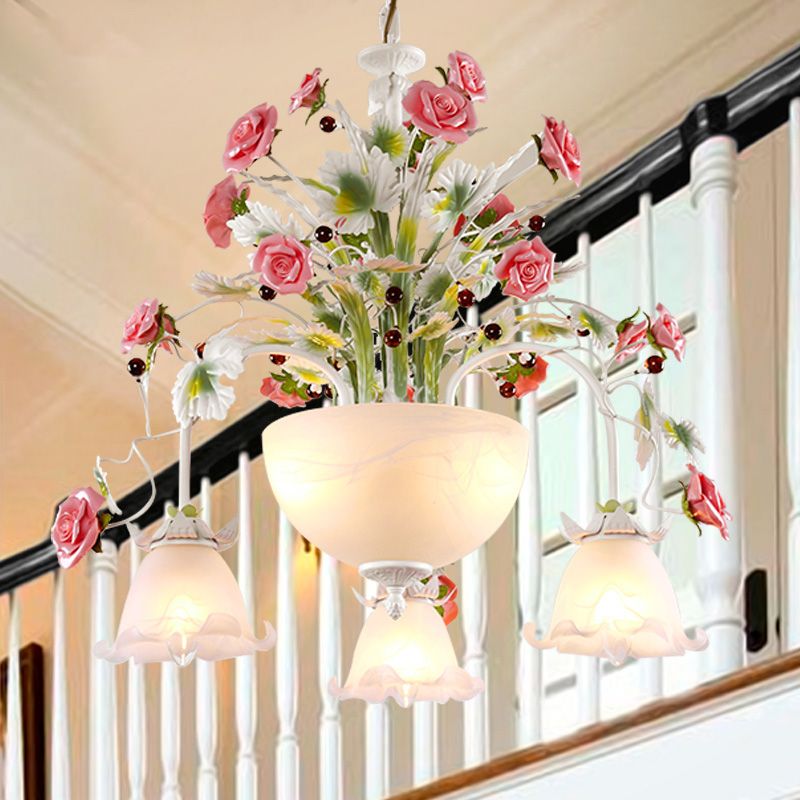 5-Head Ceiling Chandelier Countryside Flower Milk Glass Suspension Lamp for Stair