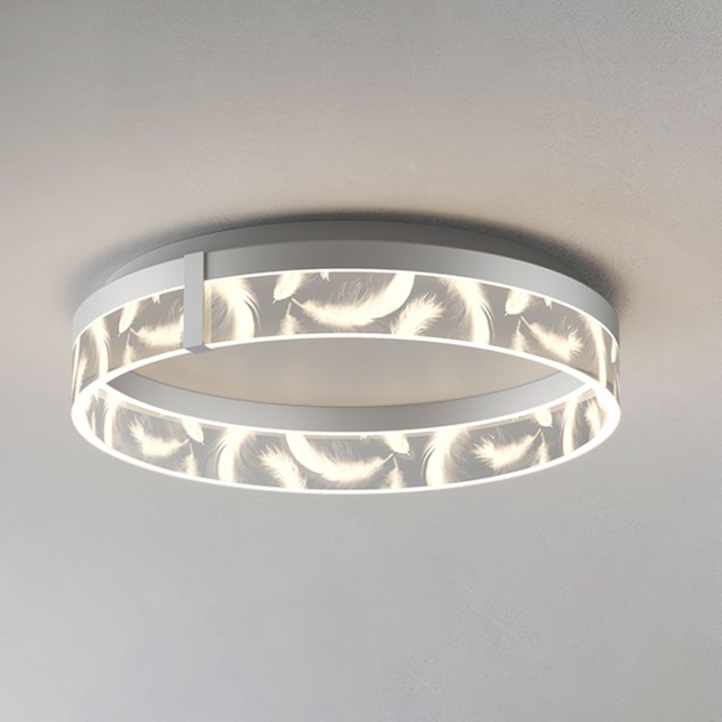 Circular Acrylic Feather LED Flush Mount in Modern Romantic Style Wrought Iron Ceiling Light for Dining Room