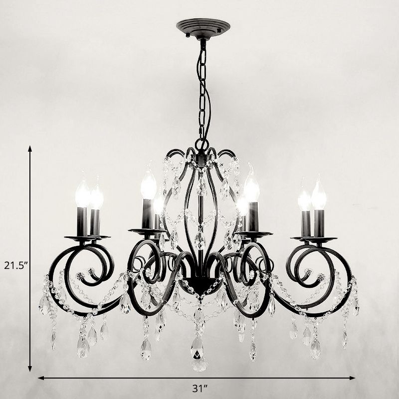 Modern 6/8 Bulbs Chandelier Lamp Black Candle Pendant Light Fixture with Crystal Shade