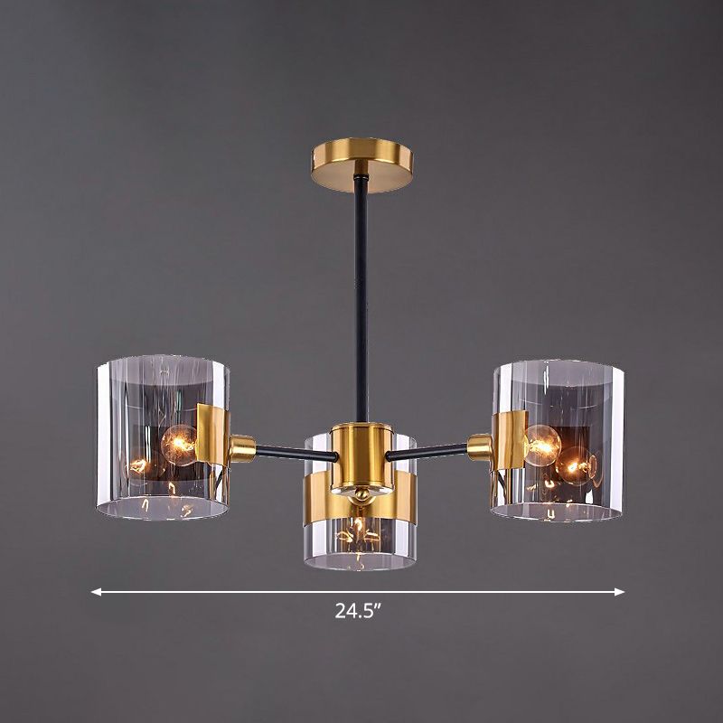 Smoke Grey Glass Cylinder Chandelier Minimalistic Black-Brass Ceiling Pendant Light for Dining Room