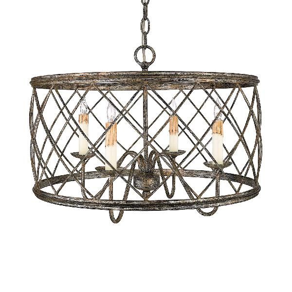 Silver 4 LICTS SILTS LAMPE CHANDELER LAMPE ANTIQUE PRENDANT MÉTALLIQUE X-Cage avec ombre à tambour pour le foyer