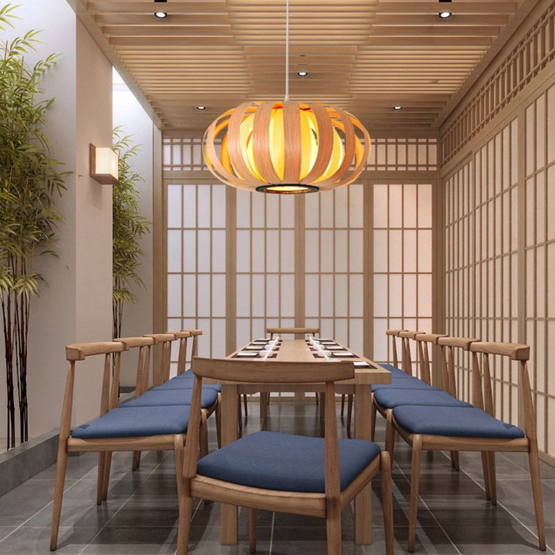 Rounded Drum Ceiling Light Modern Style Wood Single Restaurant Hanging Pendant Light