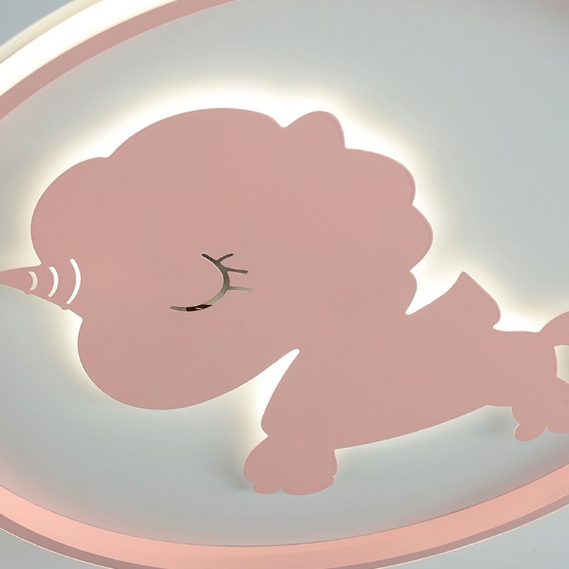 Ring-Flush-Lampe mit blau/rosa Pferd/Elefant-Design, Metall-LED-Cartoon-Deckenleuchte für Kinder