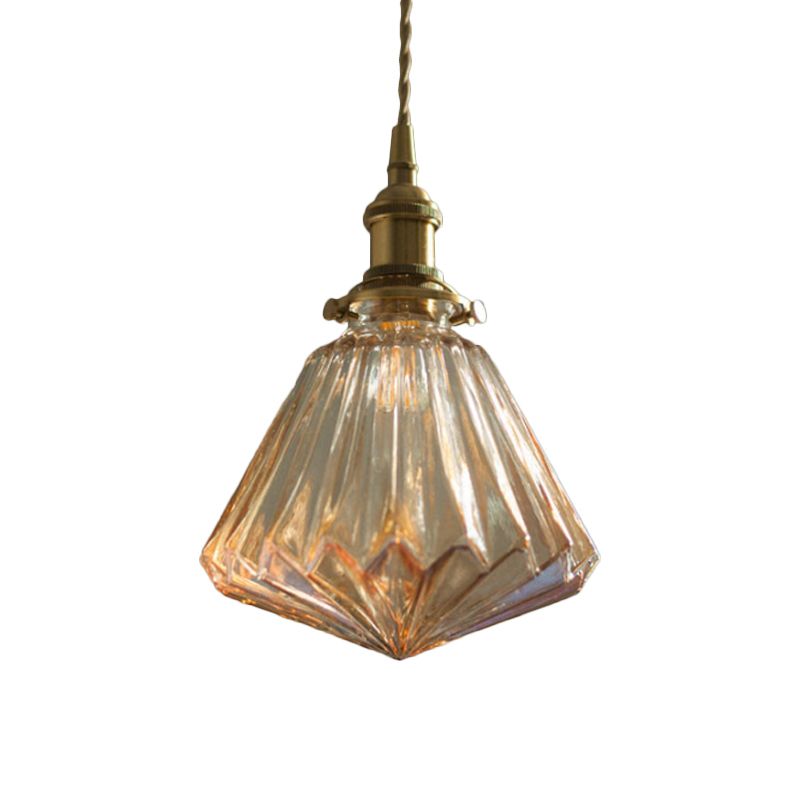 1-Light Ridged Cone Drop Pendant Rustic Brass Brown/Clear Glass Ceiling Hang Lamp with Pointed Bottom