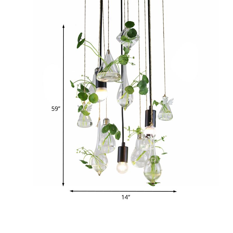 Green 3-Light Planter Cluster Pendant Industrial Clear Glass Teardrop Ceiling Hang Fixture with Open Bulb