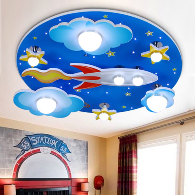 Plafonnier en forme de vaisseau spatial pour enfants, finition en bois clair, plafonnier pour la maternelle