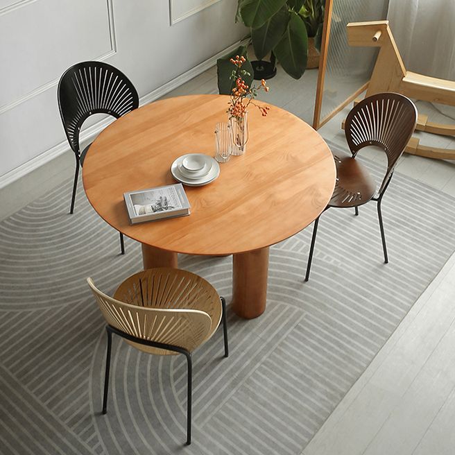 Round Pedestal Contemporary Dining Table Brown Tone Fixed Table of Solid Wood