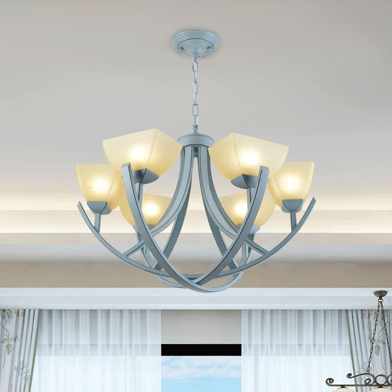 Frosted Glass Trapezoid Hanging Lamp Kit Simple 6-Head Chandelier Light Fixture with Curved Arm in Blue