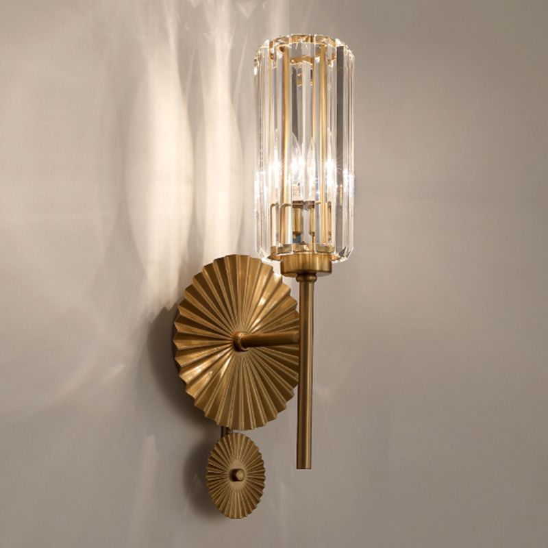 Cylinder Shape Crystal Wall Light Modern Style 1 Light Wall Light Sconces in Brass