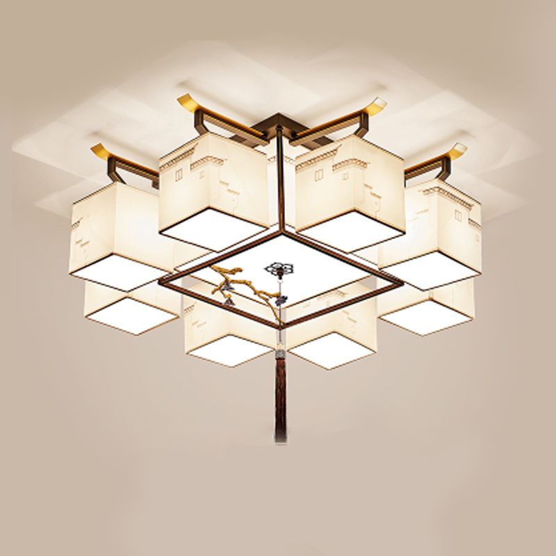 Multi-head Chinese Style Fabric Flush Mount Light Fixture for Living Room Dinning Room