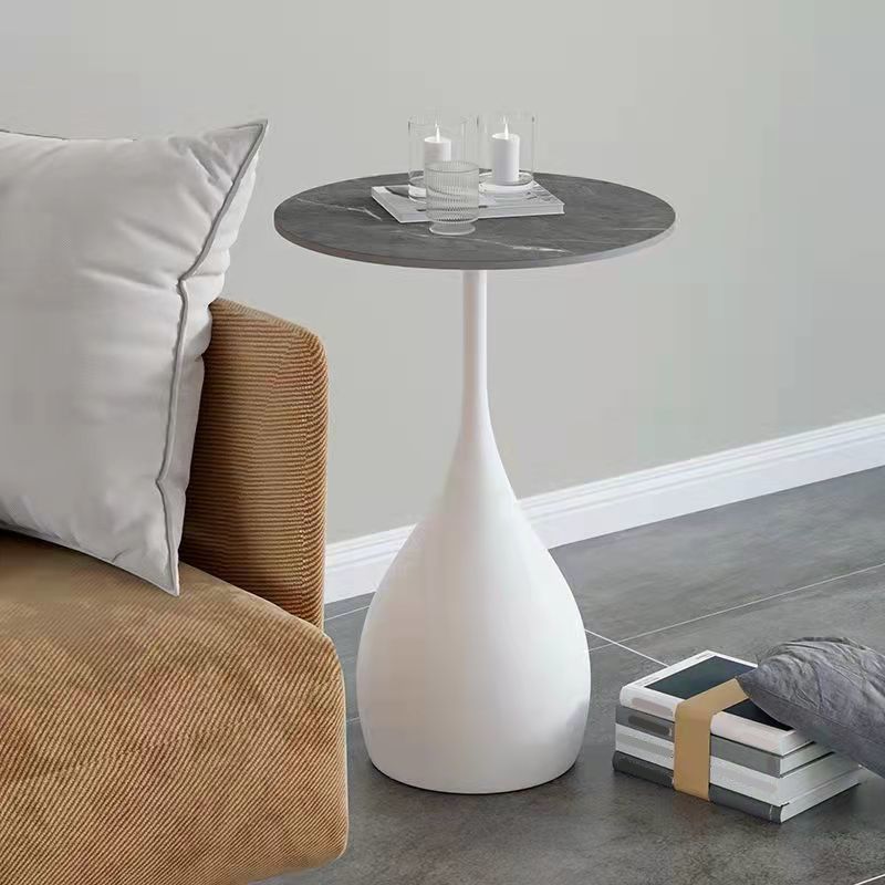 Modern Round Stone Pedestal Sofa Side Accent Table - Dia 12.6-In