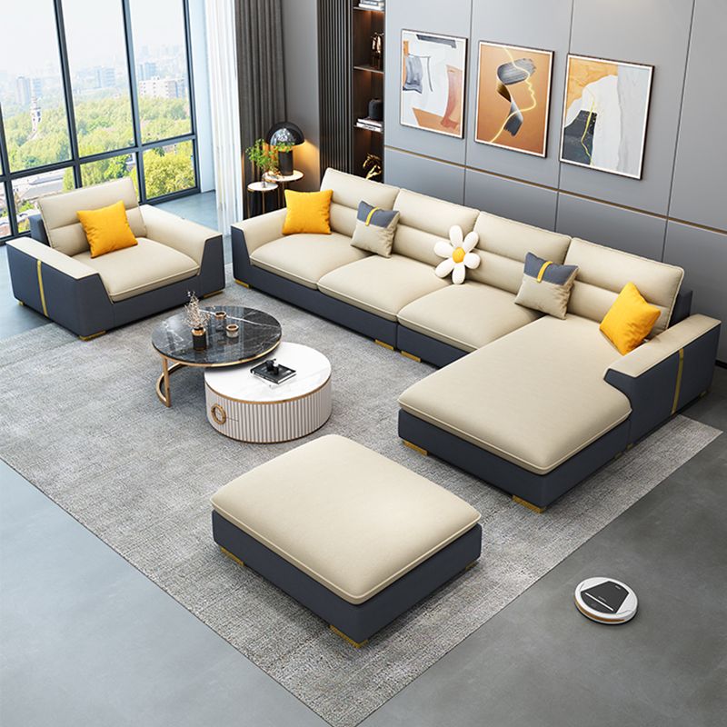 Contemporary Faux Leather Square Arm Sofa with Bolster Pillows for Living Room