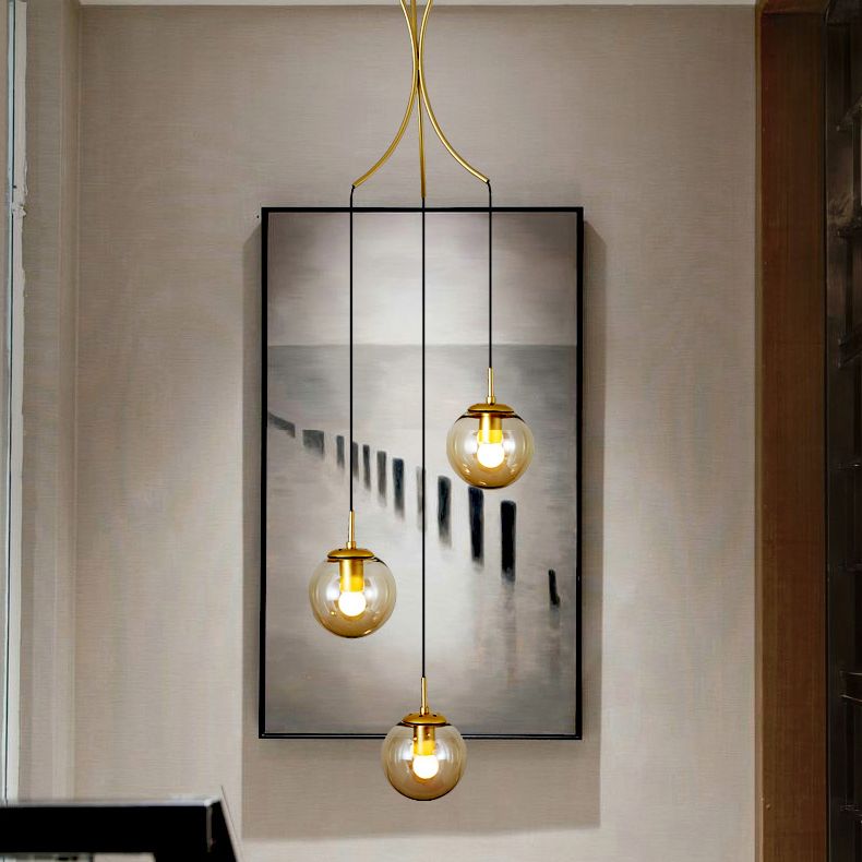 Modern Minimalist Multiple Globe Shade Pendant Light Gold Metal Long Hanging Lamp for Living Room