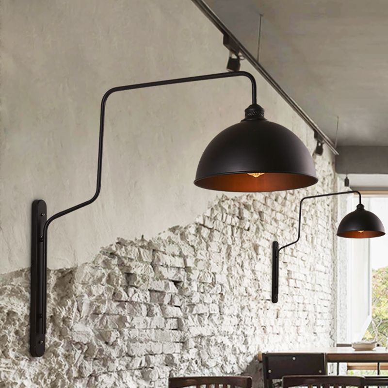 Luz de pared en forma de tazón de 1 cabeza de pared vintage Black Finish Metal Lighting con brazo curvo para restaurante