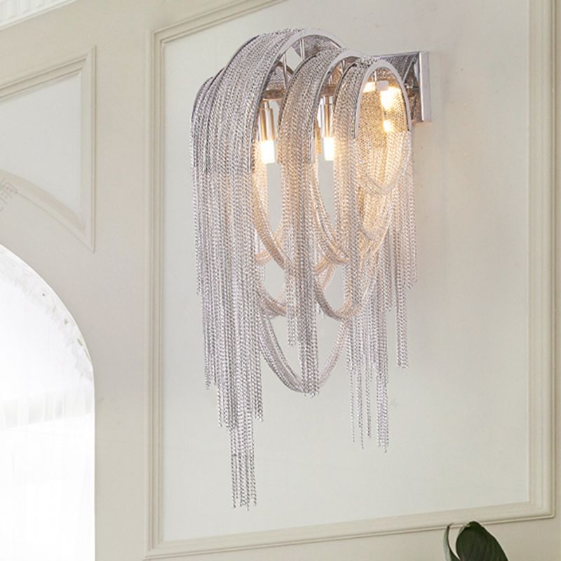 Tassel Sconce Light Fixture Modern Metal Chain 2 Lights Bedroom Wall Light Sconce in Chrome