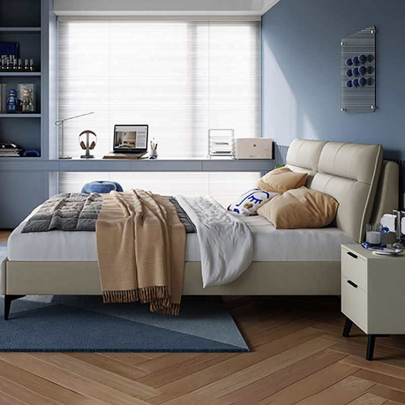 Rectangular Solid Color Panel Bed Genuine Leather Standard Bed with Metal Legs