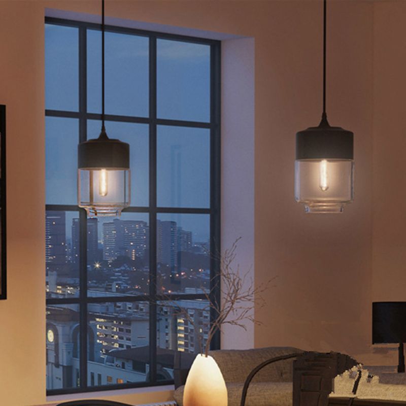 1 Light Restaurant Down Lighting Modern Black Pendant Lamp with Jar Clear Glass Shade
