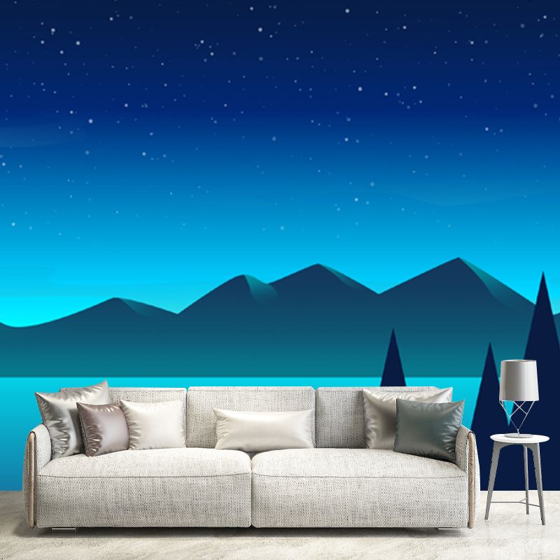 Night Time Mountain River Mural Modern Non-Woven Wall Art in Blue for Living Room