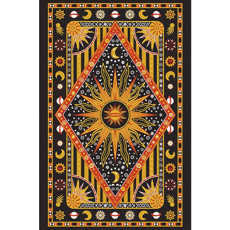 Tribal Southwestern Rug in Black and Yellow Sun Moon Diamond Pattern Rug Polyester Washable Carpet for Home Decoration