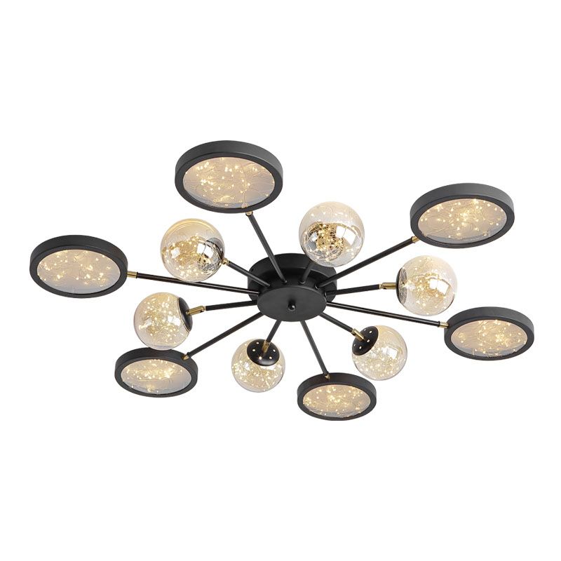 Sputnik Flush Mount Fixture Modernity Amber Glass Black Close to Ceiling Lamp with Glowing String Inside