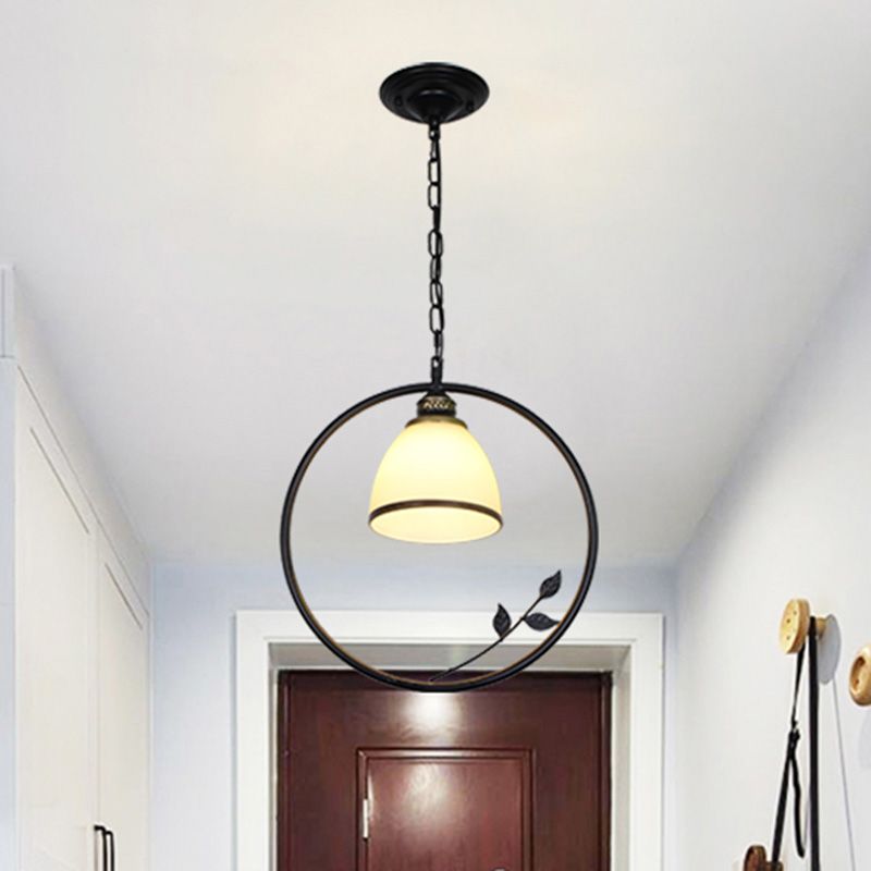 Single-Bulb Iron Pendant Light Vintage Black Ring Shaped Corridor Suspension Light Fixture with Frosted Glass Shade