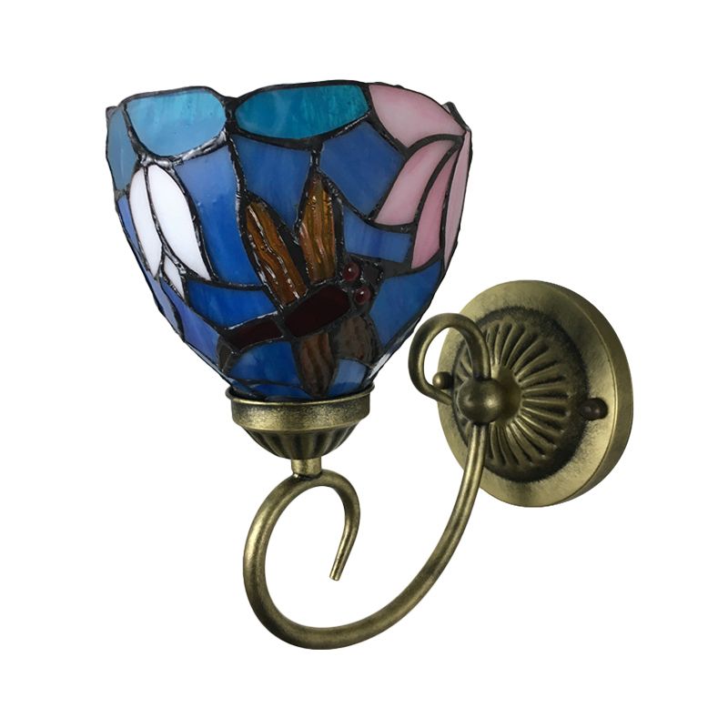 1 Bulb Wall Lamp Sconce Victorian Bowl Stained Glass Dragonfly Patterned Wall Light Fixture in Brass