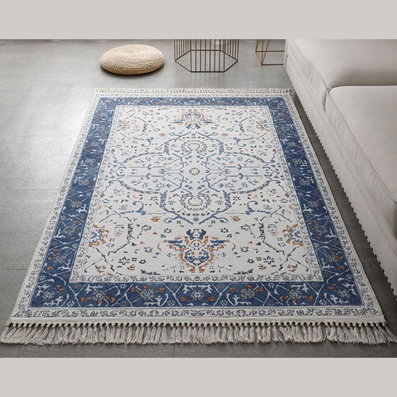 Bohemian Medallion Print Carpet Polyester Fringe Area Rug Pet Friendly Indoor Carpet for Living Room