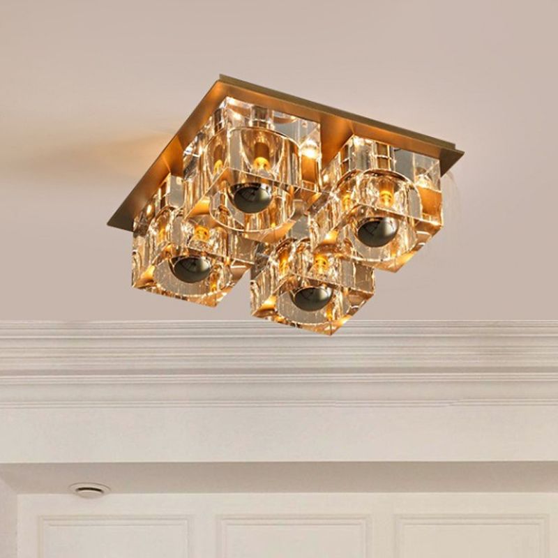 Brass Square Flushmount Lighting Minimalism Crystal Block 4-Head Bedroom Ceiling Light