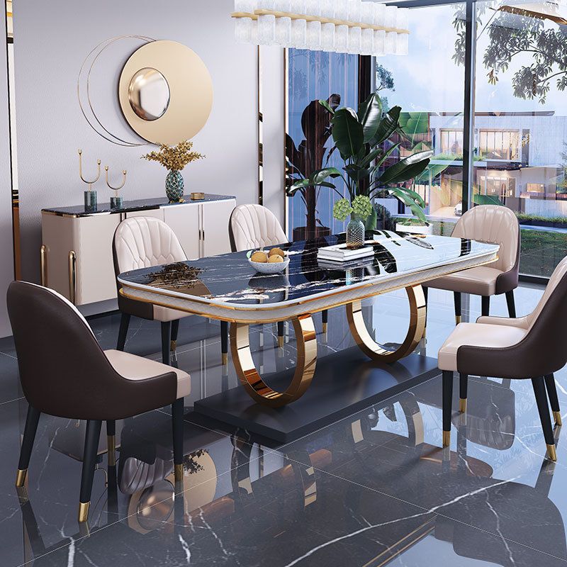 Stone Top Dining Table Traditional Luxury Table with Pedestal Base in Gold