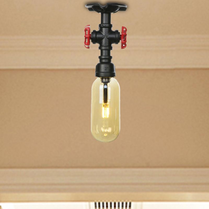 1 Light Capsuled Shade Semi Flush Light Industrial Black Amber Glass Ceiling Mount with Pipe Design