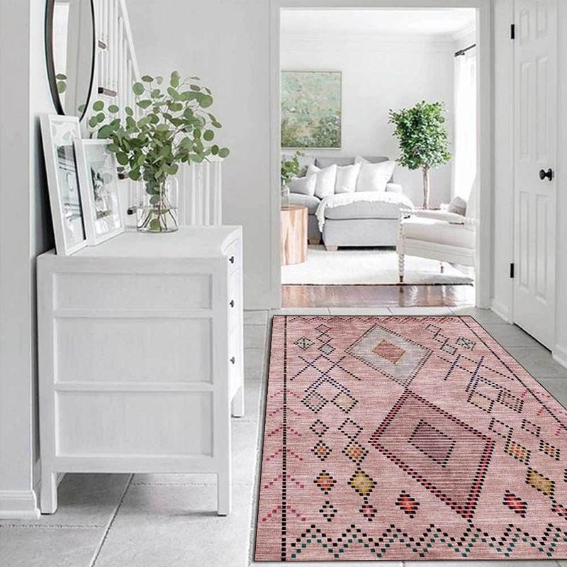 Pink Bohemian Rug Polyester Geometric Dotted Line Pattern Rug Washable Non-Slip Backing Carpet for Living Room