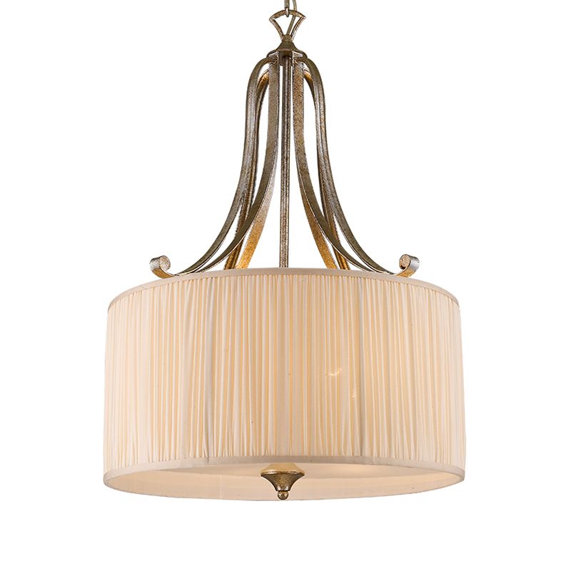Rustic Drum Shade Chandelier Light Fixture 4 Heads Fabric Pendant Lighting in White for Living Room