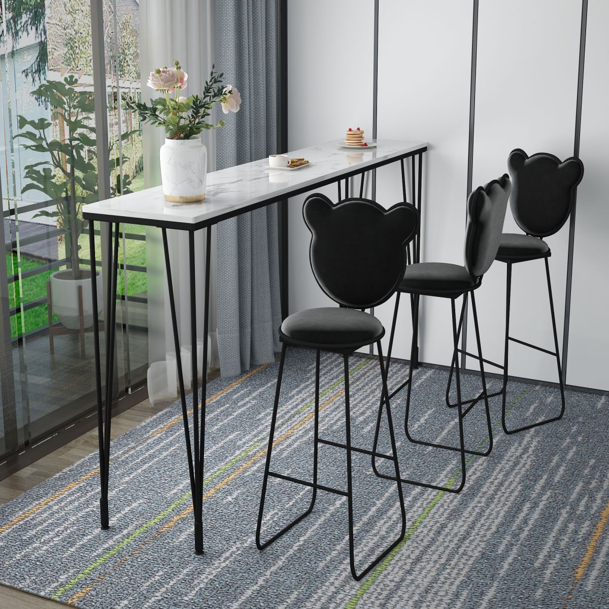 Modern 1/4 Pieces Bar Table Set Rectangle Stone Counter Table with Backrest Stools