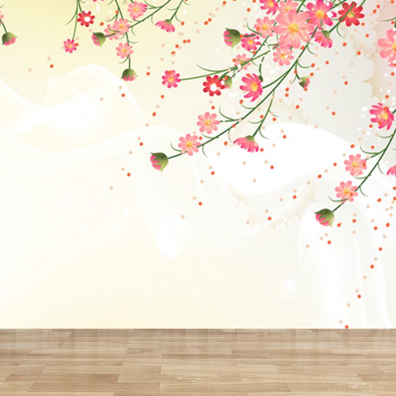 Contemporary Flower Branch Mural Soft Color Stain-Proofing Wall Art for Playroom
