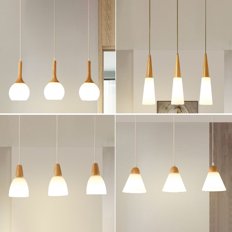Lampada a sospensione nordica in legno piccolo sospensione con tonalità di vetro bianco per sala da pranzo