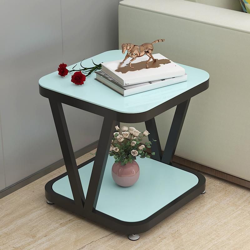 Modern Metal and Glass End Table Square Trestle End Table for Living Room