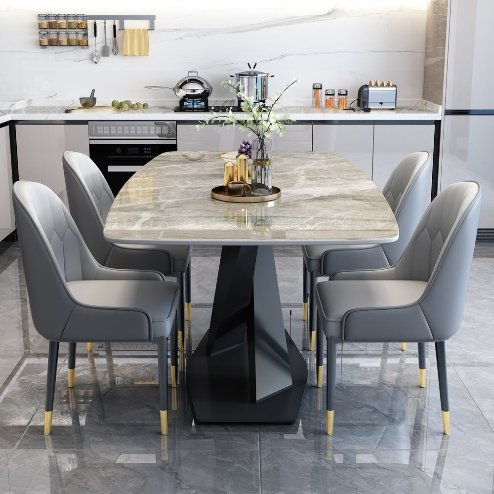 Modern Rectangular White Stone Top Dining Table with Steel Black X-Base