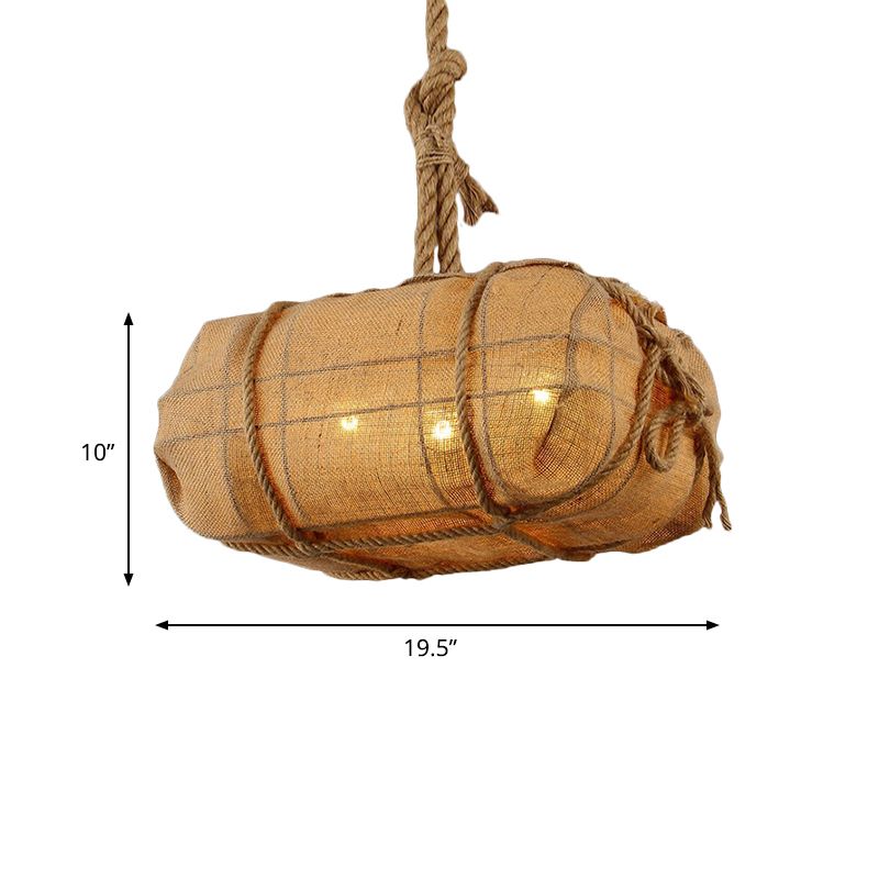 Rope Explosive Package Pendant Countryside 3 Bulbs Restaurant Fabric Chandelier Light in Beige