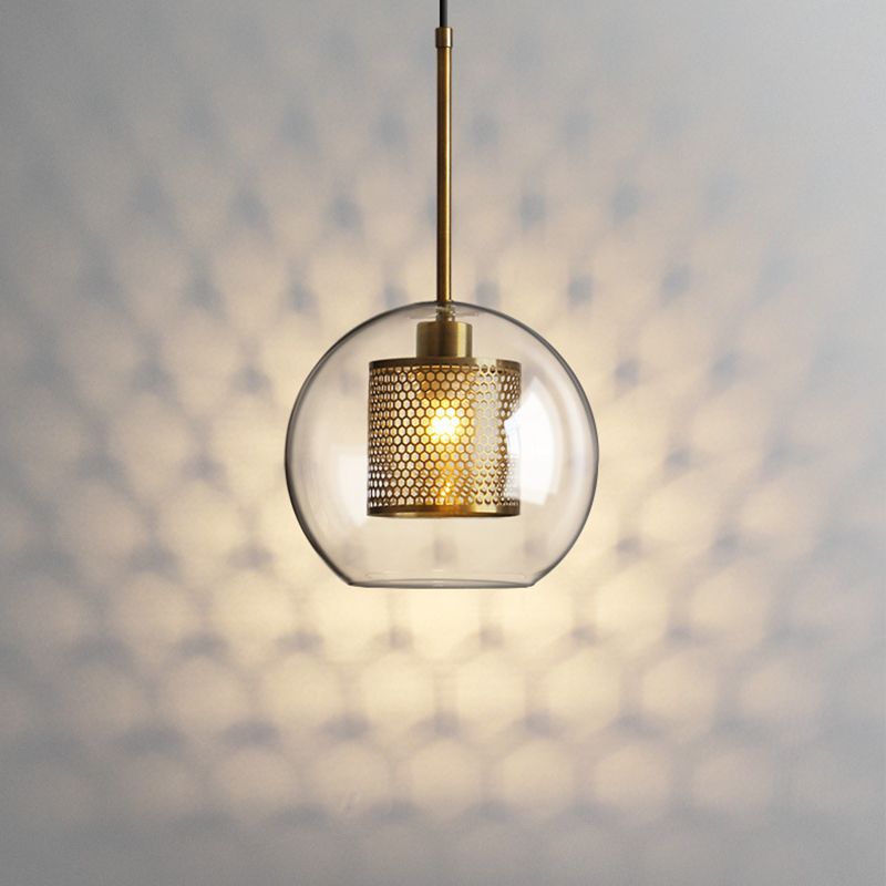 Clear Glass Orb Pendant Lighting Modernity 1 Head Hanging Ceiling Light with Inside Mesh Cage