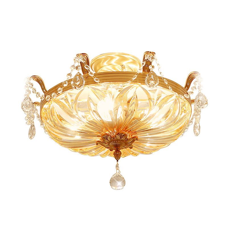 Gold 5 Heads Flush Mount Antique Ribbed Crystal Bowl Shade Flushmount Ceiling Light with Crystal Draping