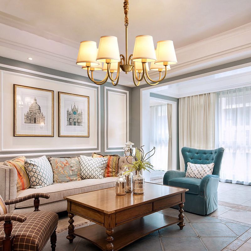 Brass Barrel Chandelier Light American Style Multi-Head Suspension Lamp with Fabric Shade
