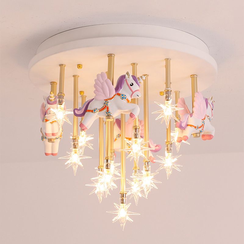 Resin Horse/Bird/Crane Ceiling Light Fixture Kids 13/16 Lights Blue/Pink Flush Mount Lighting with Clear Glass Shade