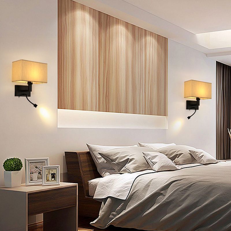Metal Wall Sconce Rectangle Shape Modern Wall Light with Fabric Shade for Study